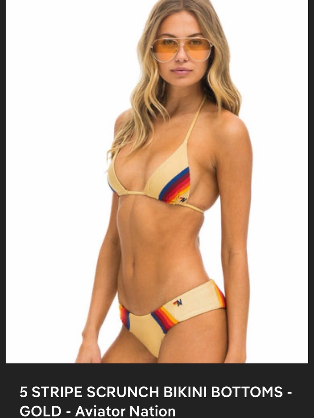 Aviator Nation Gold Scrunched SWIM Bottoms  Rainbow Stripe Trim EUC size Medium